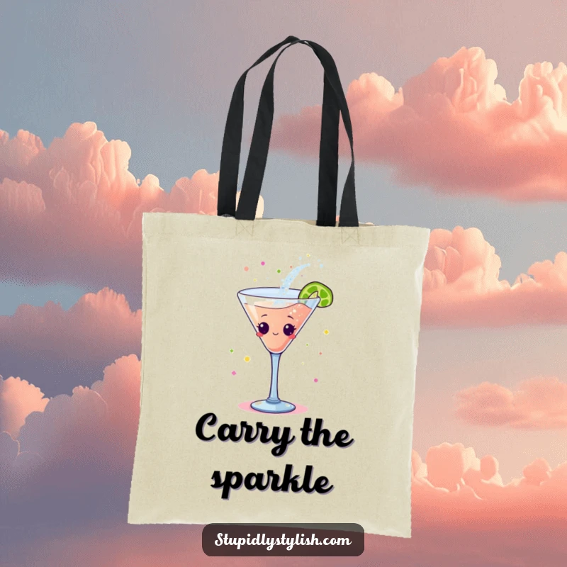 Funny tote bag: A cocktail glass character doing a lively dance, trailing a delightful stream of shimmering glitter.