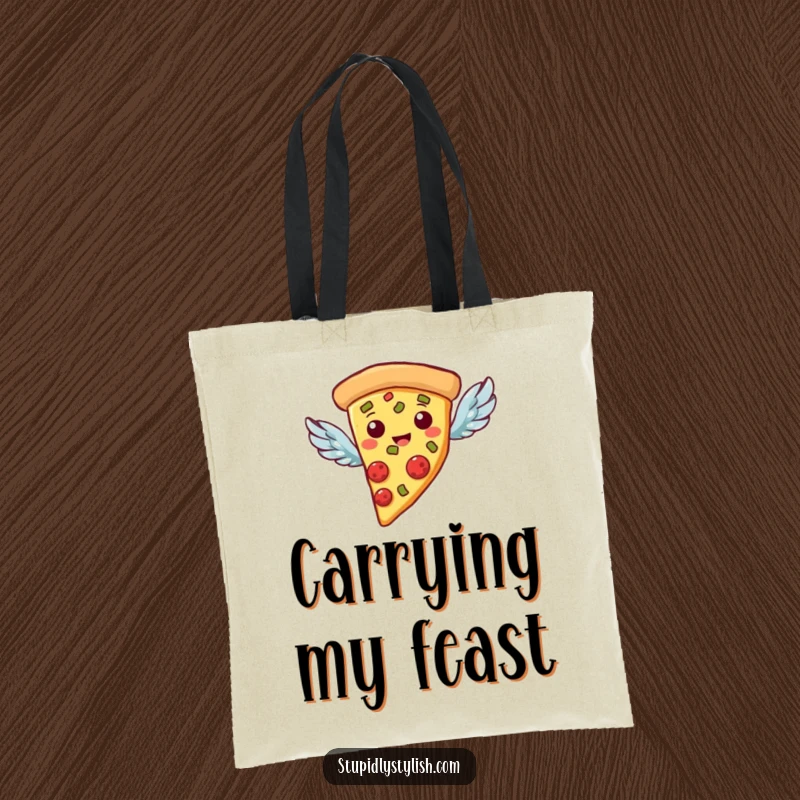 Funny Tote Bag: A pizza slice with small wings, shown flying, great for shopping and snacks.
