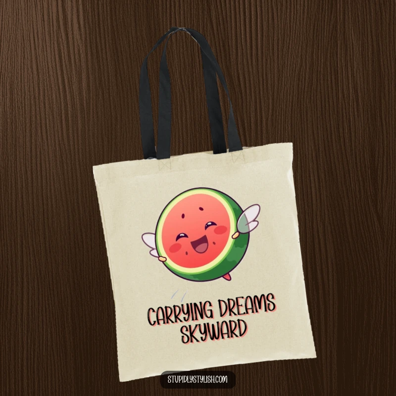 Funny tote bag featuring a determined watermelon slice enthusiastically trying to fly, radiating pure, uncontainable happiness.