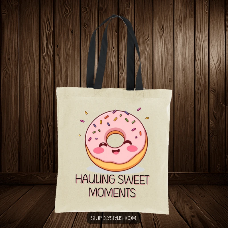 Funny tote bag featuring a giggling donut with sprinkles flying off, great for carrying essentials with sweet treat humor.