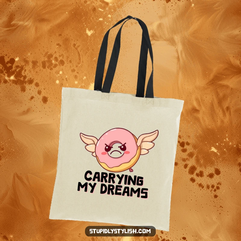 Funny tote bag showcasing a grumpy donut with flap-ready pastry wings, attempting flight with a comically flustered expression.
