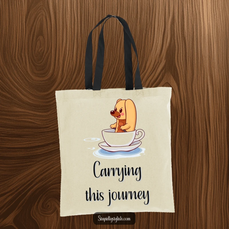 Funny Tote Bag with a determined hot dog comically paddling a teacup across a vast ocean, embodying perseverance and ambition.