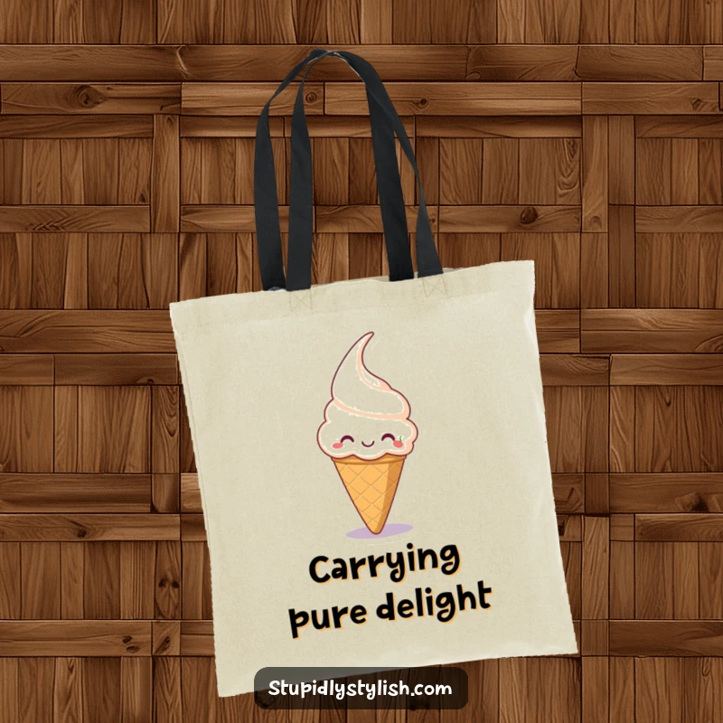 Funny tote bag with a grinning ice cream cone reaching for a cherry, perfect for carrying treats and essentials.