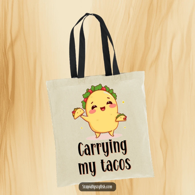Funny Tote Bag: A taco blushing while juggling tiny tacos, great for parents and shoppers.