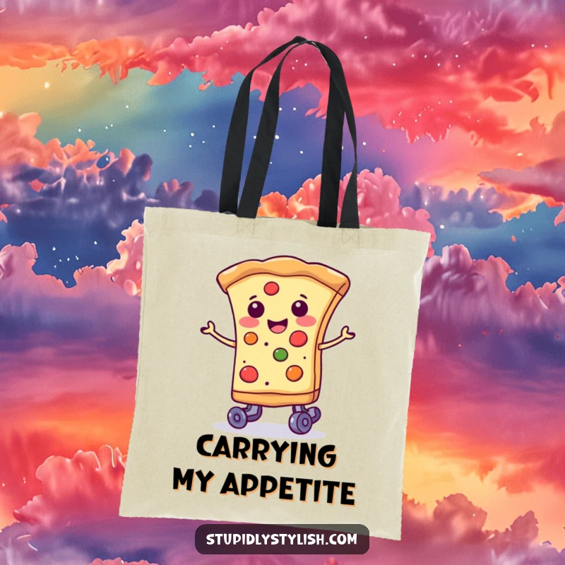 Funny smiling slice of pizza wearing tiny roller skates, a practical and humorous tote bag for foodies.