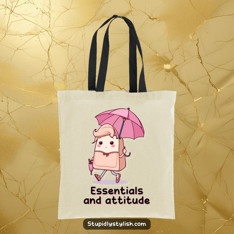 Funny tote bag illustrating a sassy handbag character strutting with a tiny, matching umbrella, a chic and humorous accessory.