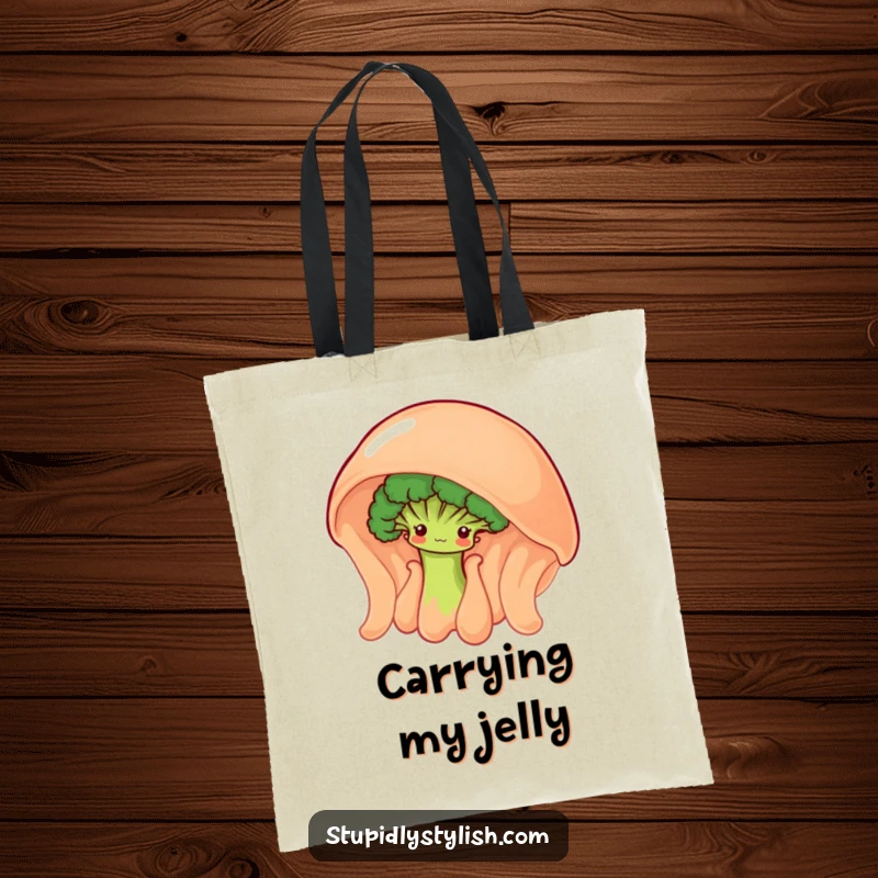 Funny tote bag with a shy broccoli floret peeking from behind a giant, wobbly jelly, perfect for everyday use.
