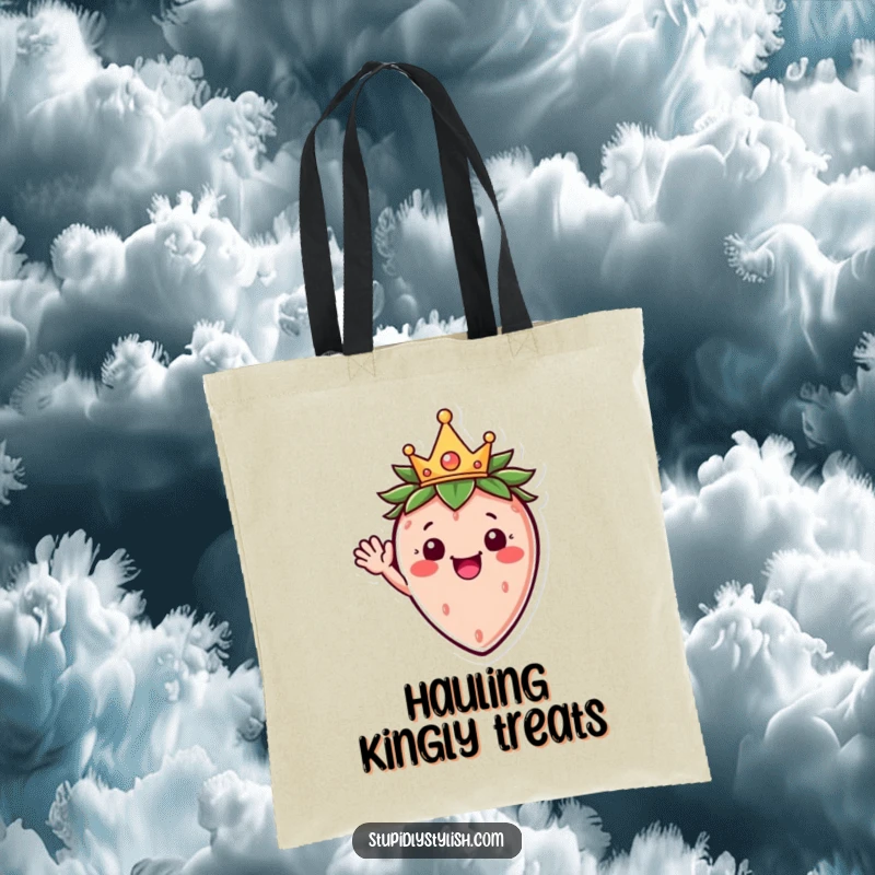 Funny tote bag featuring a smiling strawberry character in a tiny crown, waving hello with a regal yet cheerful expression.